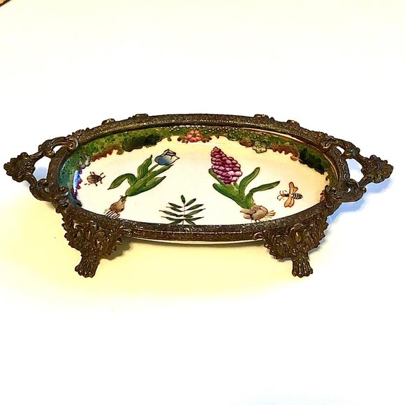 NWT WONG LEE Hand Painted Porcelain Bronze Ormolu Oval Tray Soap Dish 8x4" - Picture 2 of 7